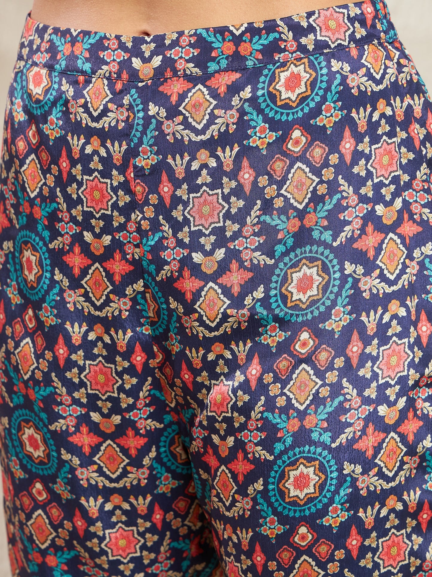 Ethnic Motifs Printed Empire Silk Crepe Kurta & Trousers