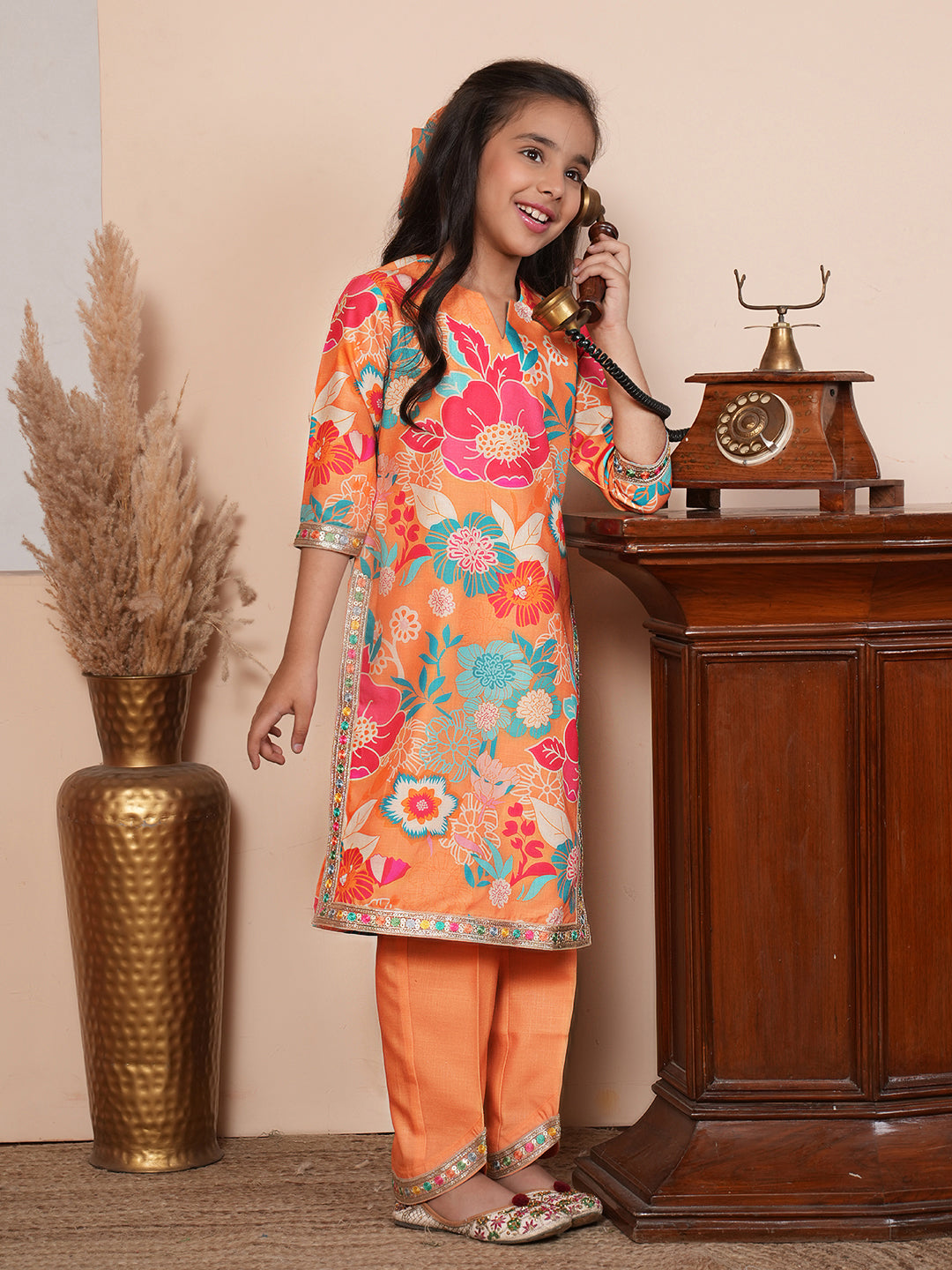 Floral printed orange kurta set