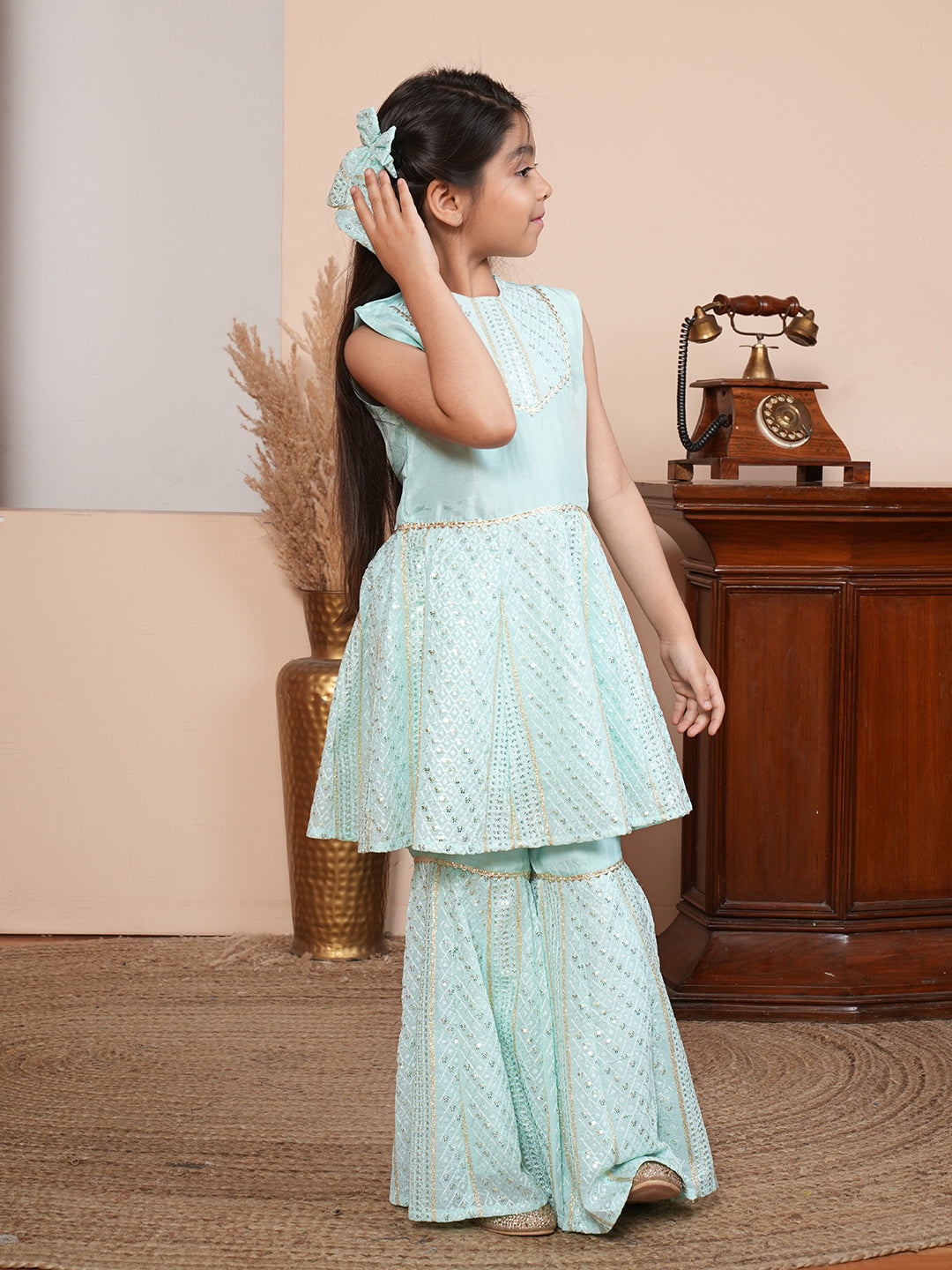 Sequins work turquoise blue kurta set with dupatta
