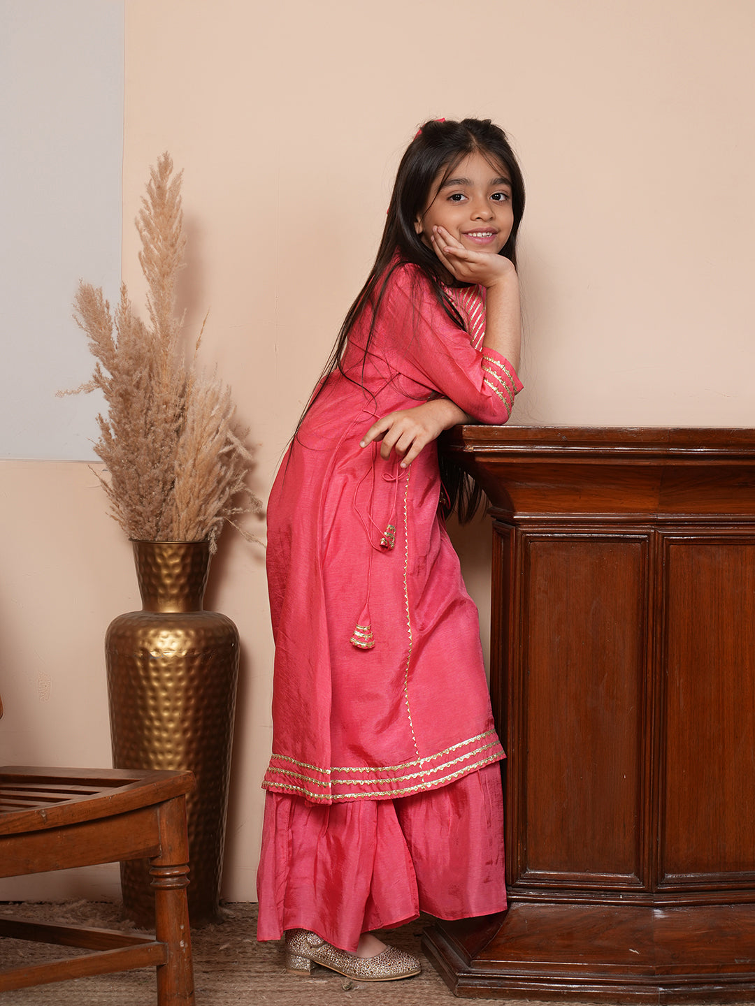 Pink kurta set with Off white dupatta