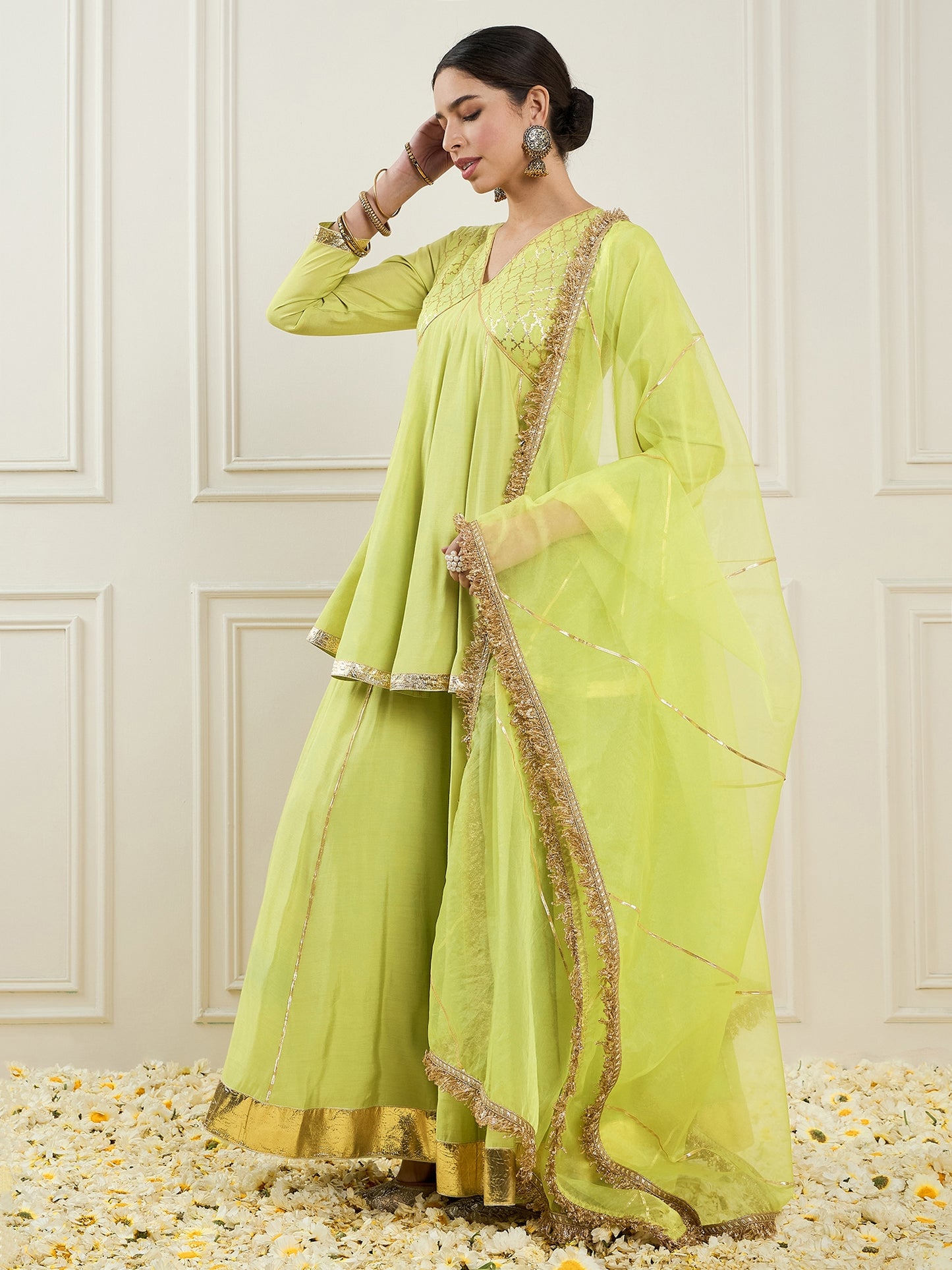 Empire V-Neck Chanderi Silk A-Line Kurta with Palazzo & Dupatta
