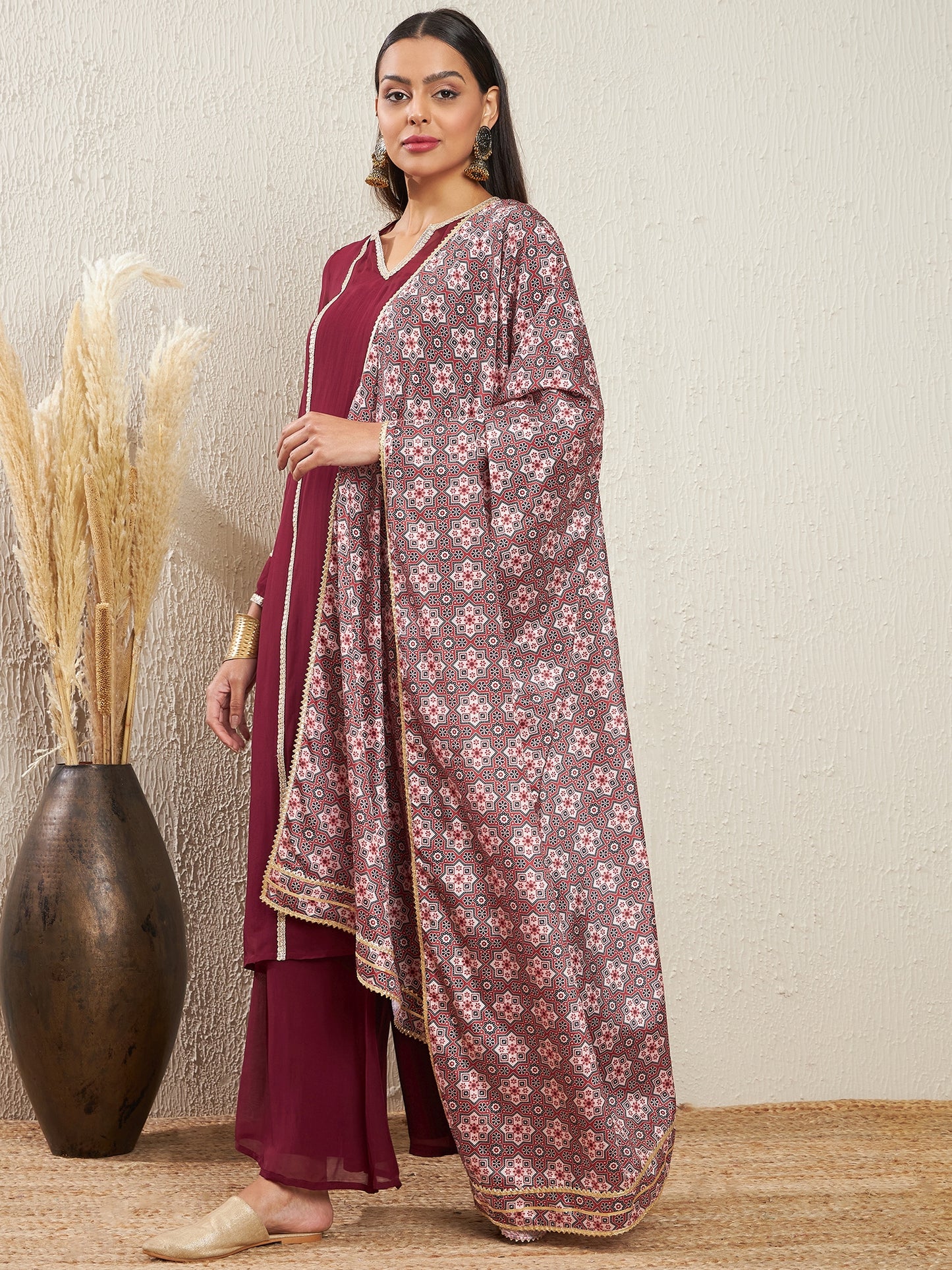 Notch Neck Regular Sleeves Gotta Patti Kurta With Palazzos & Dupatta