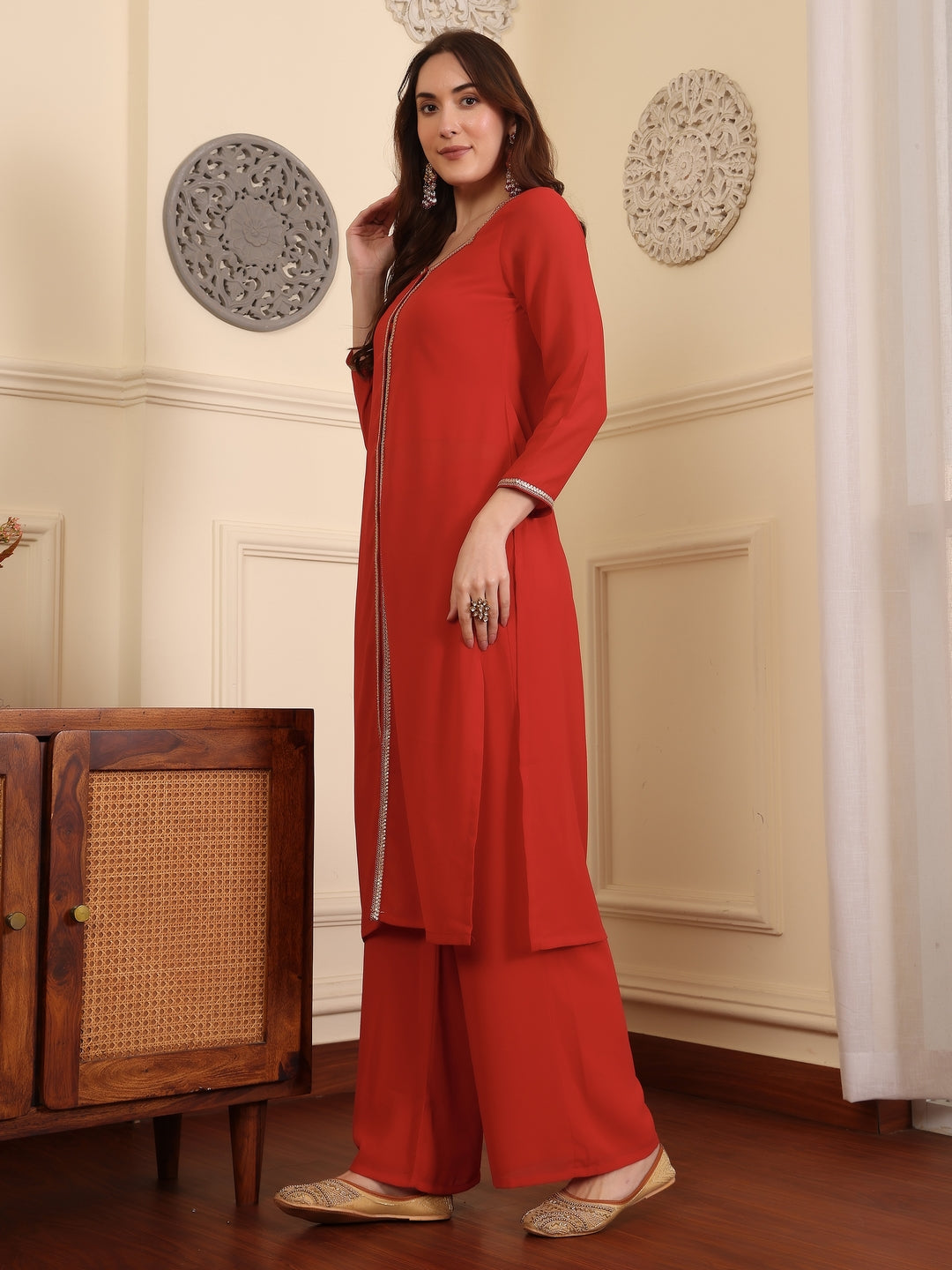 Square Neck Gotta Patti Georgette Straight Kurta With Palazzos & Dupatta