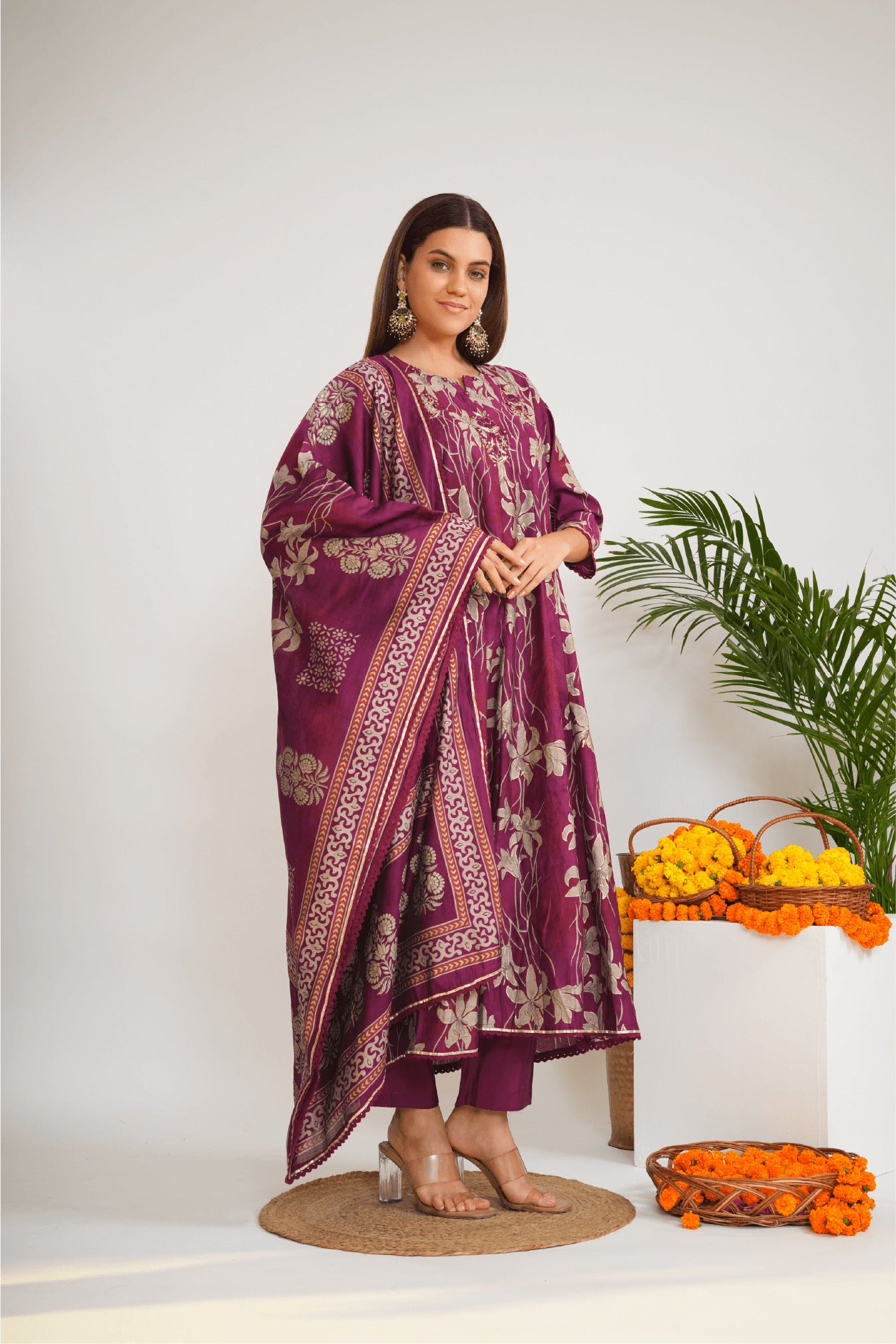 Women Floral Printed Cotton Anarkali Kurta with Trousers & Dupatta