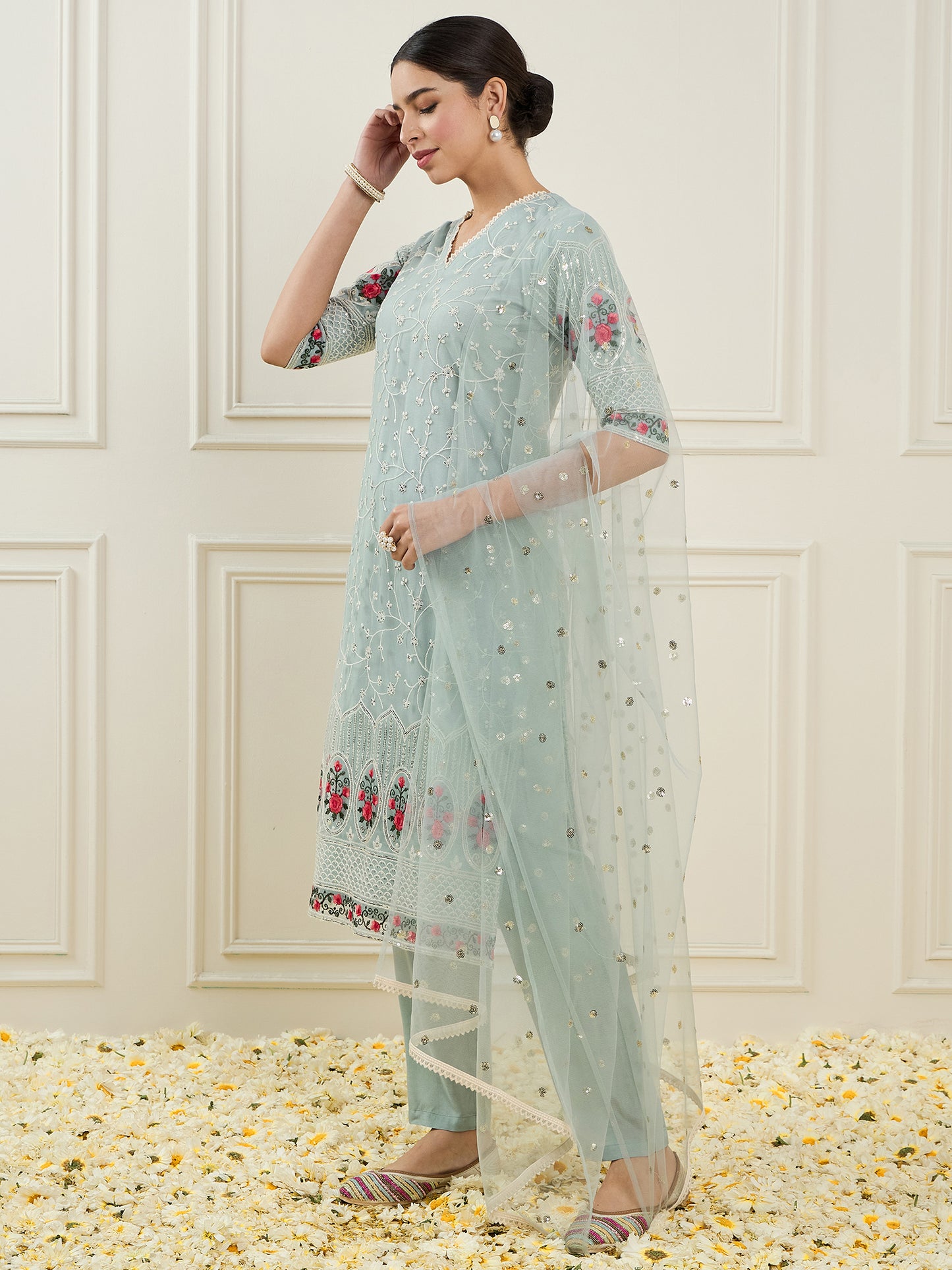 Ethnic Motifs Embroidered Sequinned Straight Kurta With Trouser & Dupatta