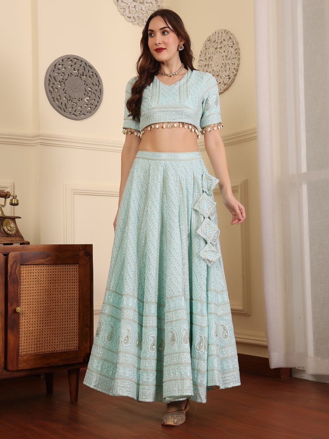 Embroidered Sequinned Lehenga & Blouse With Dupatta