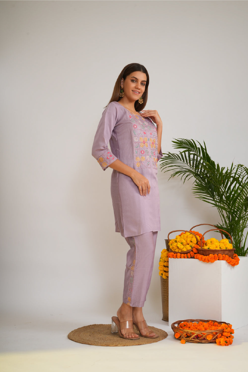 Embroidered Round Neck Tunic With Trousers