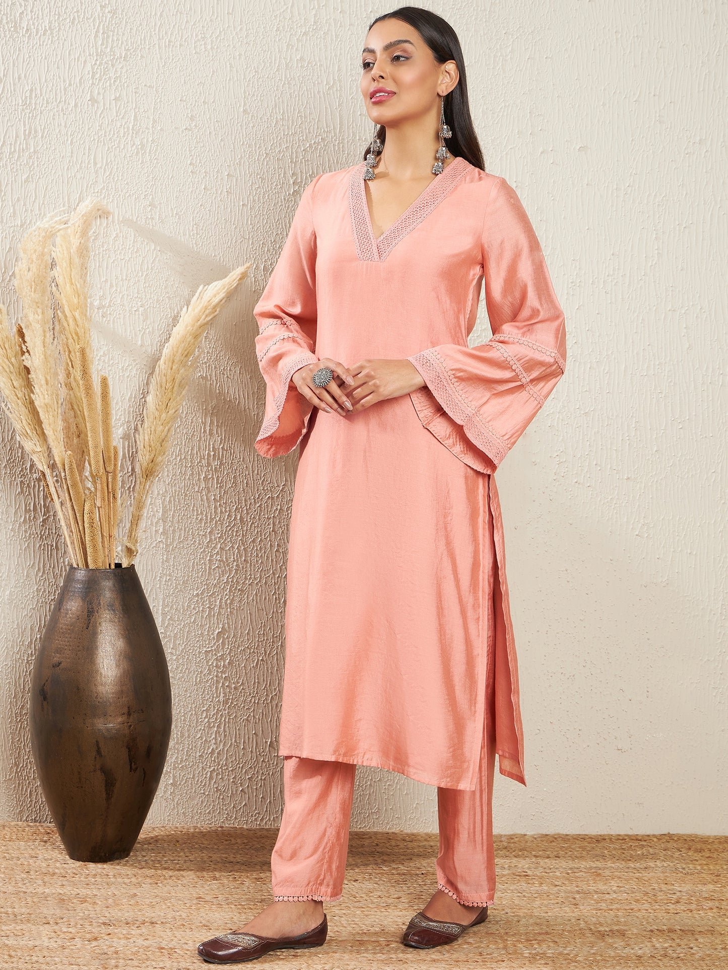 V-Neck Flared Sleeves Thread Work Chanderi Cotton Kurta with Trousers