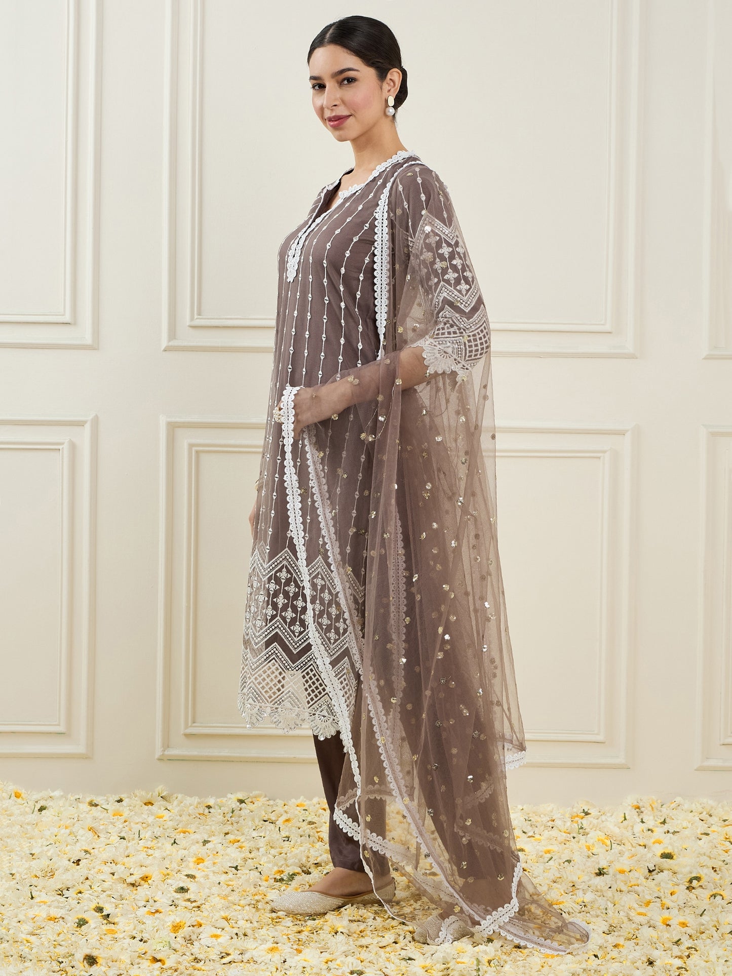 Embroidered Sequinned Straight Kurta with Trousers & Dupatta