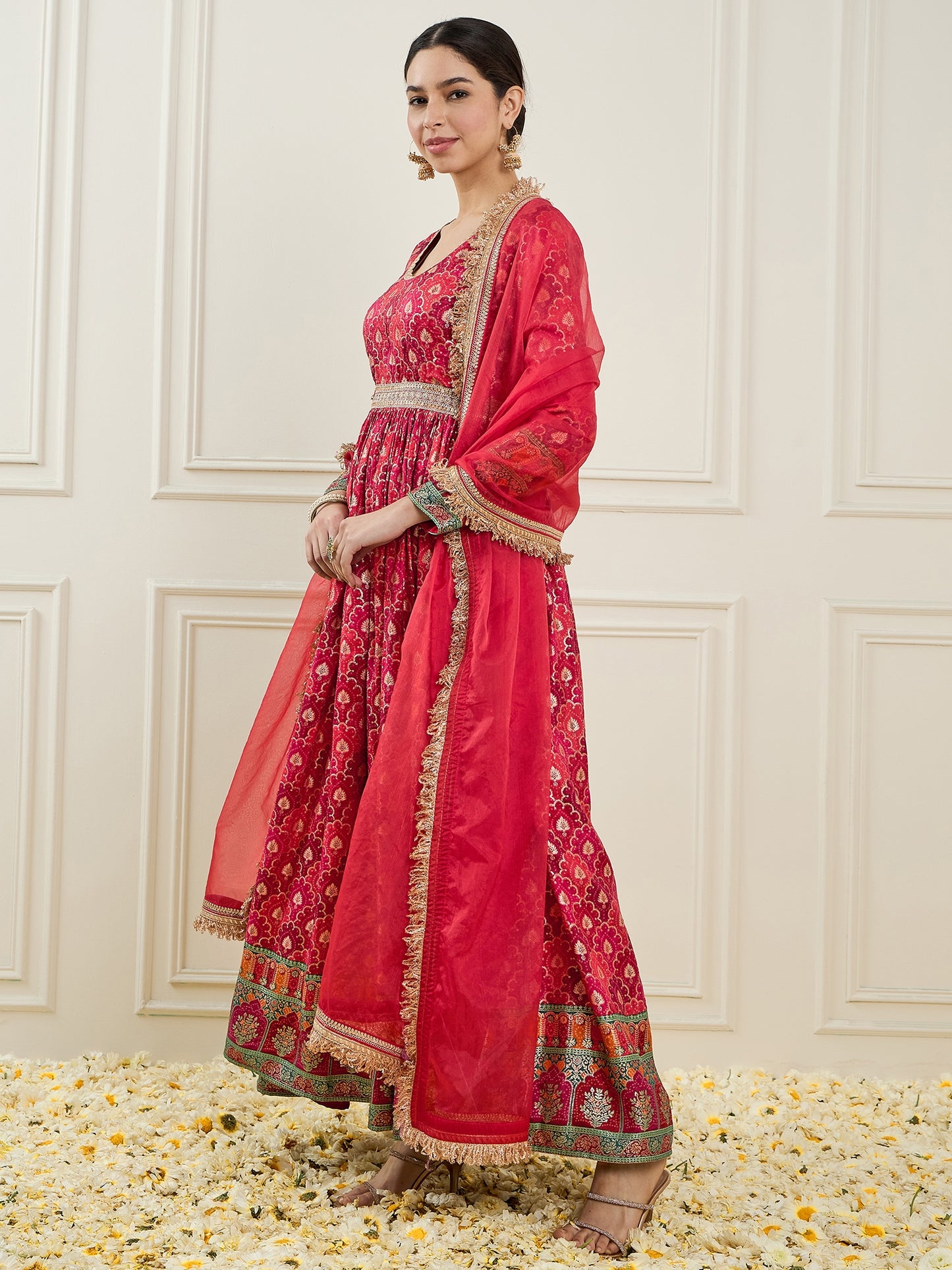 Ethnic Motifs Printed Gathered Detailed Silk Maxi Dress With Dupatta