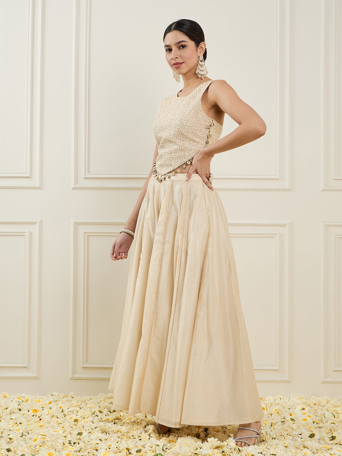 Embroidered Round Neck Top With Palazzos