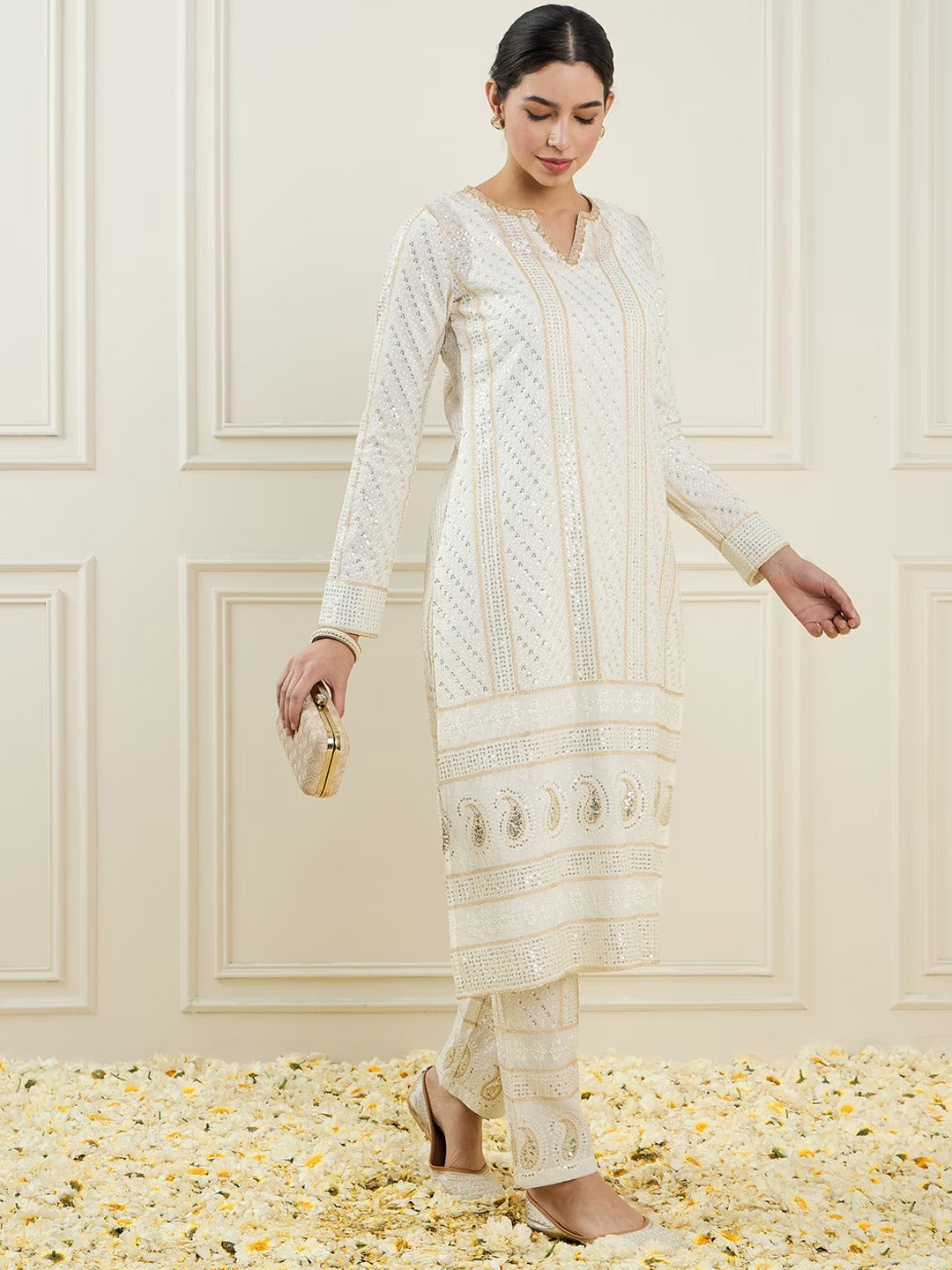 Women Embroidered Regular Sequinned Kurta with Trousers