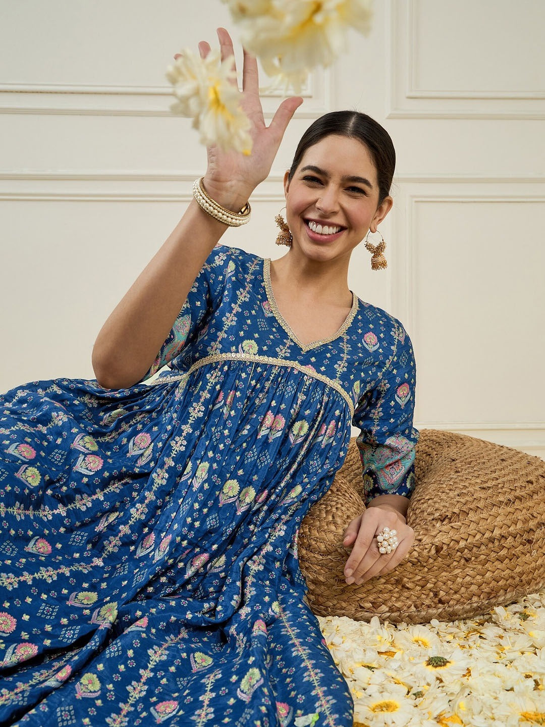 Women Printed Empire Chanderi Silk Kurta With Trousers