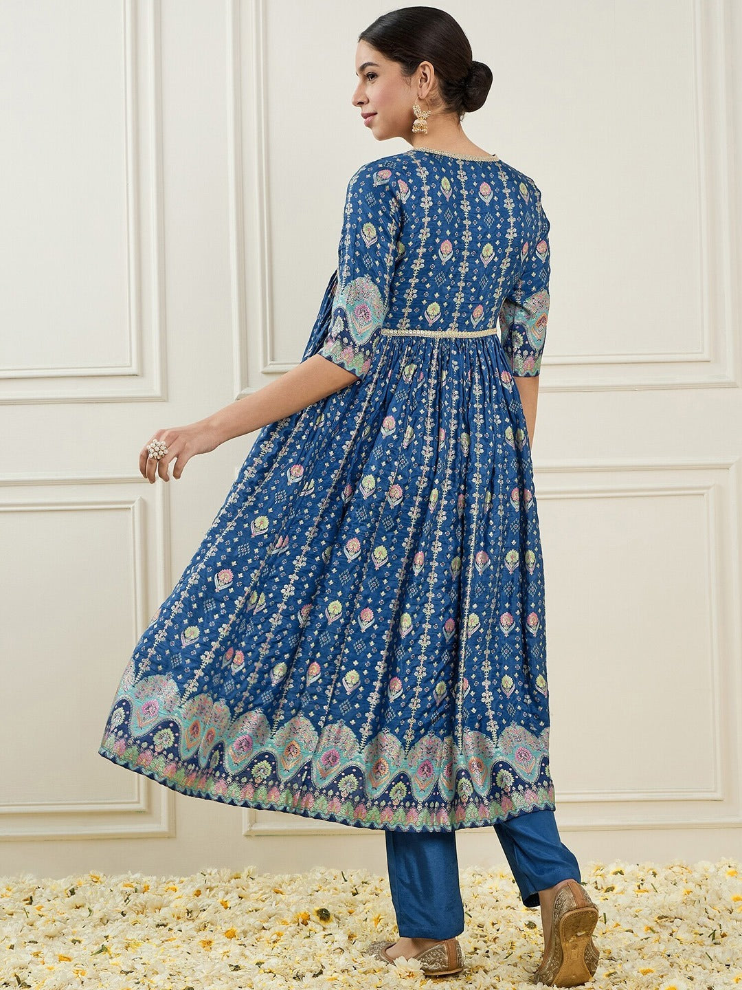 Women Printed Empire Chanderi Silk Kurta With Trousers