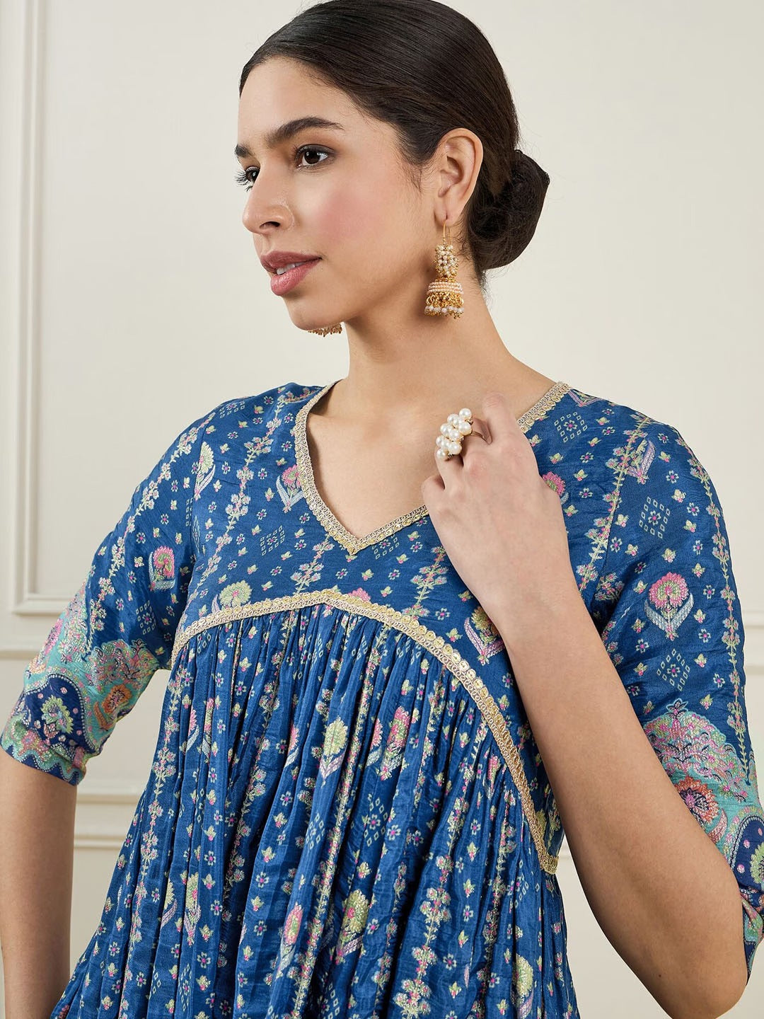 Women Printed Empire Chanderi Silk Kurta With Trousers