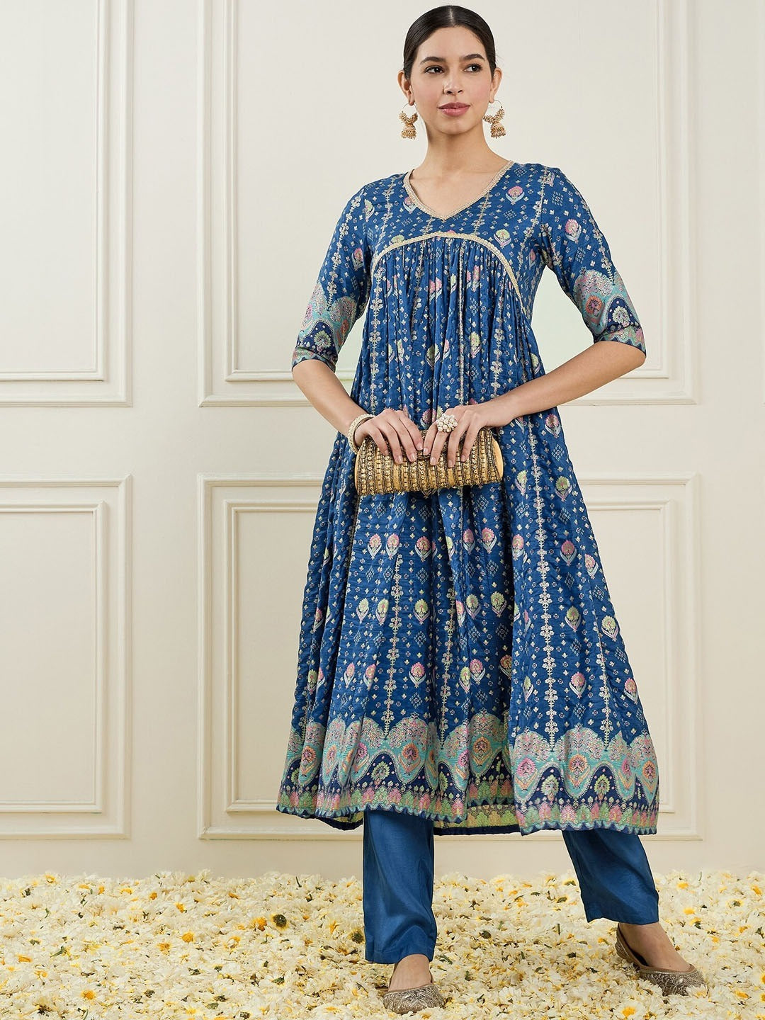 Women Printed Empire Chanderi Silk Kurta With Trousers