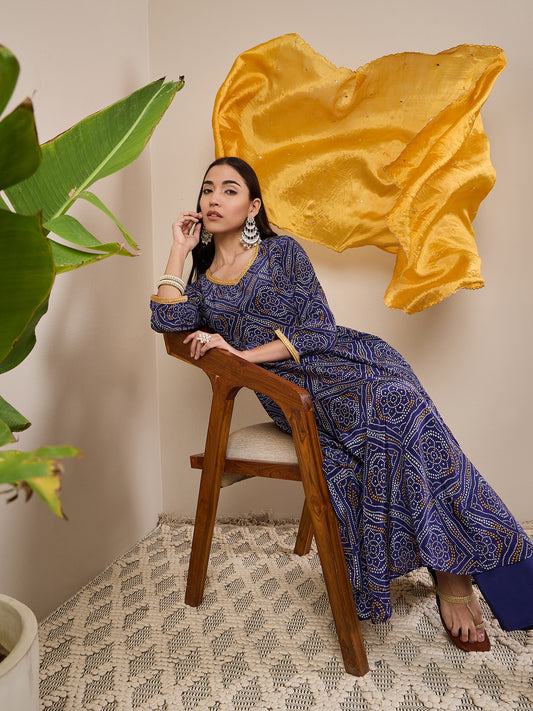 Bandhani Printed Regular Anarkali Kurta With Trousers & Dupatta