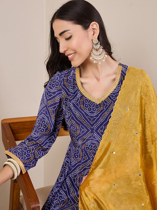 Bandhani Printed Regular Anarkali Kurta With Trousers & Dupatta