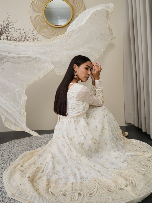 V-Neck Floral Embroidered Empire Mirror Work Anarkali Kurta with Trouser & Dupatta