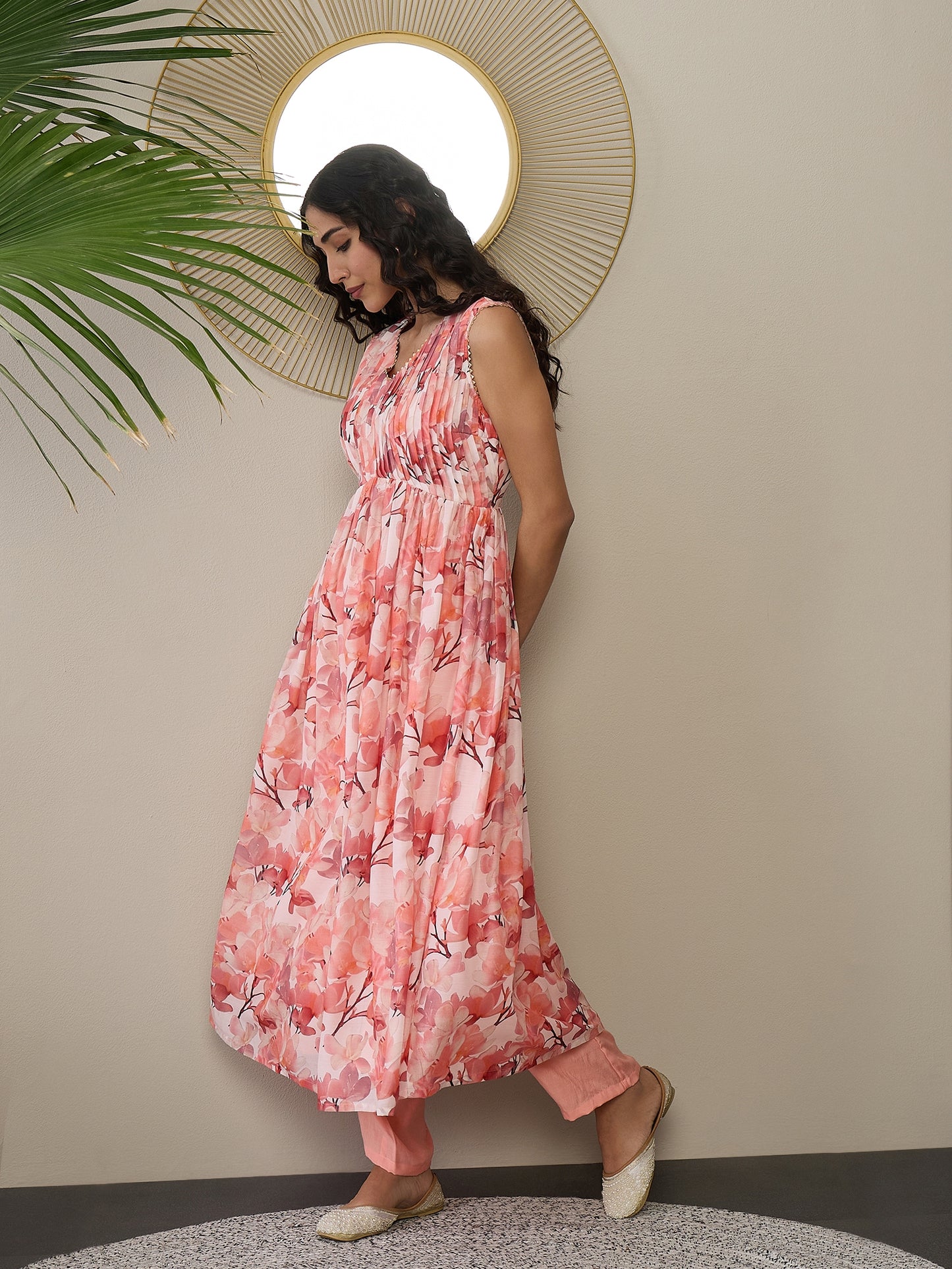 V-Neck Floral Printed Pleated Gotta Patti Anarkali Kurta with Trousers