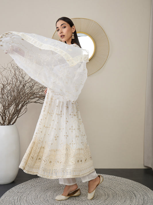 V-Neck Floral Embroidered Empire Mirror Work Anarkali Kurta with Trouser & Dupatta