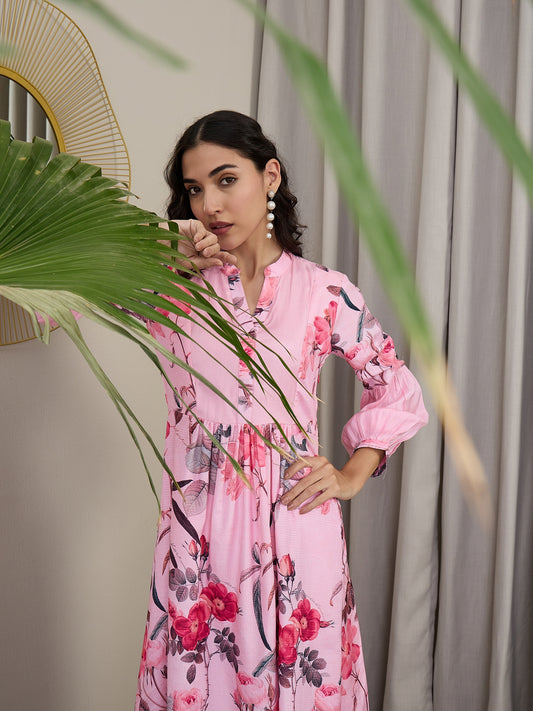 Floral Printed Mandarin Collar Puffed Sleeves Anarkali Kurta With Trousers