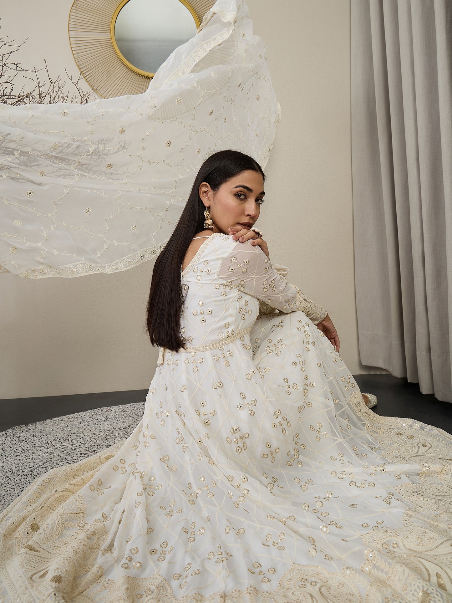 V-Neck Floral Embroidered Empire Mirror Work Anarkali Kurta with Trouser & Dupatta