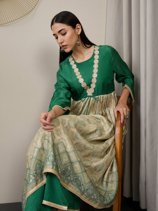 Ethnic Motifs Printed Square Neck Gotta Patti Tissue Anarkali Kurta With Palazzos