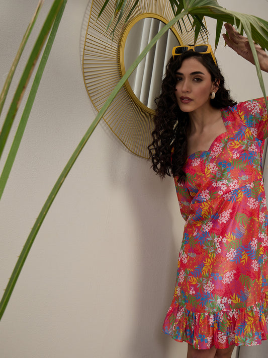 Floral Print Ruffled Crepe A-Line Dress