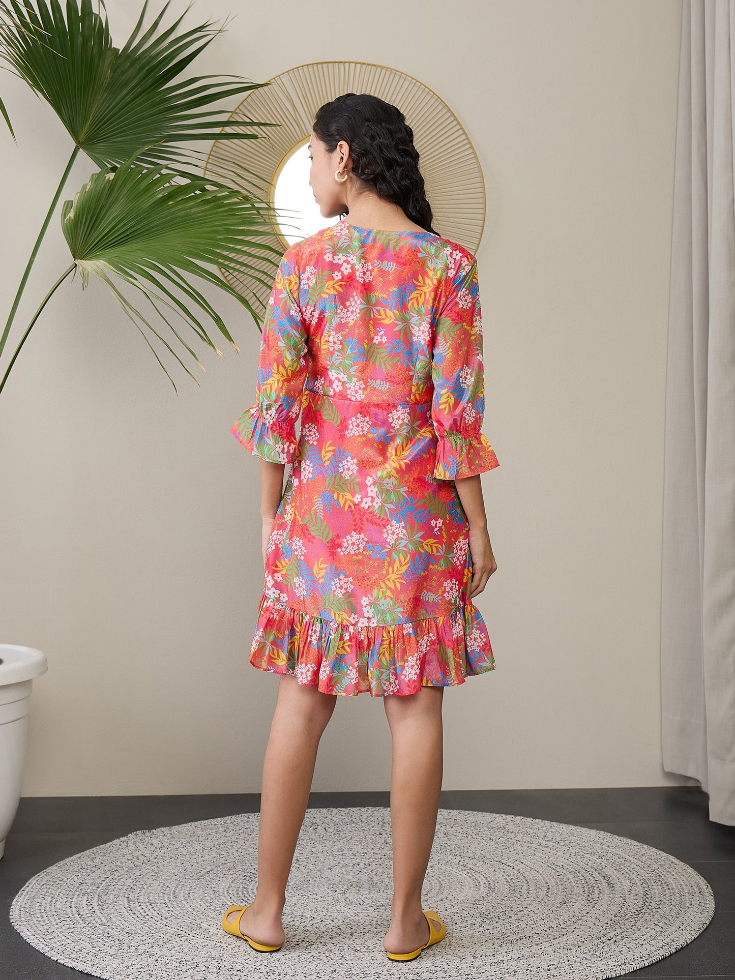 Floral Print Ruffled Crepe A-Line Dress