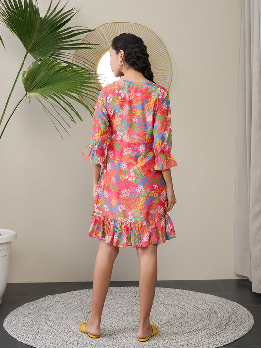 Floral Print Ruffled Crepe A-Line Dress