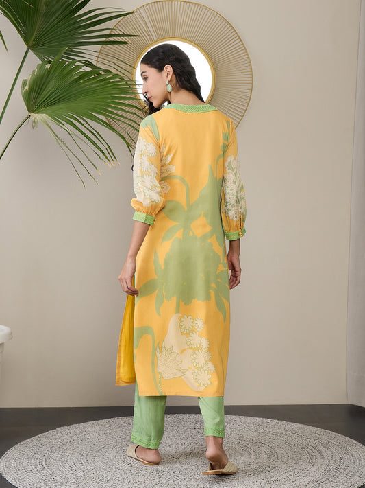 Square Neck Floral Printed Gotta Patti A-Line Kurta with Trousers