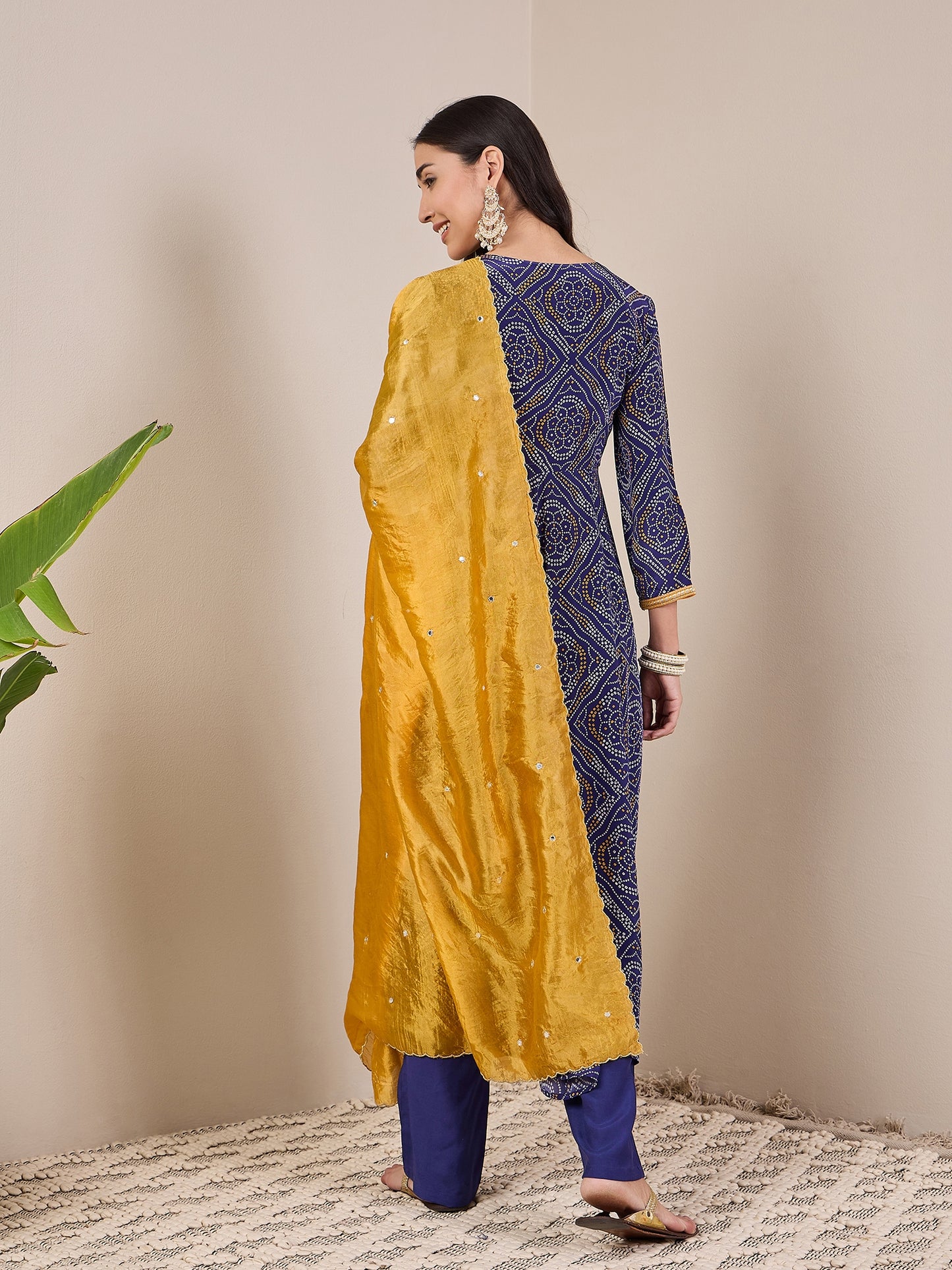 Bandhani Printed Regular Anarkali Kurta With Trousers & Dupatta