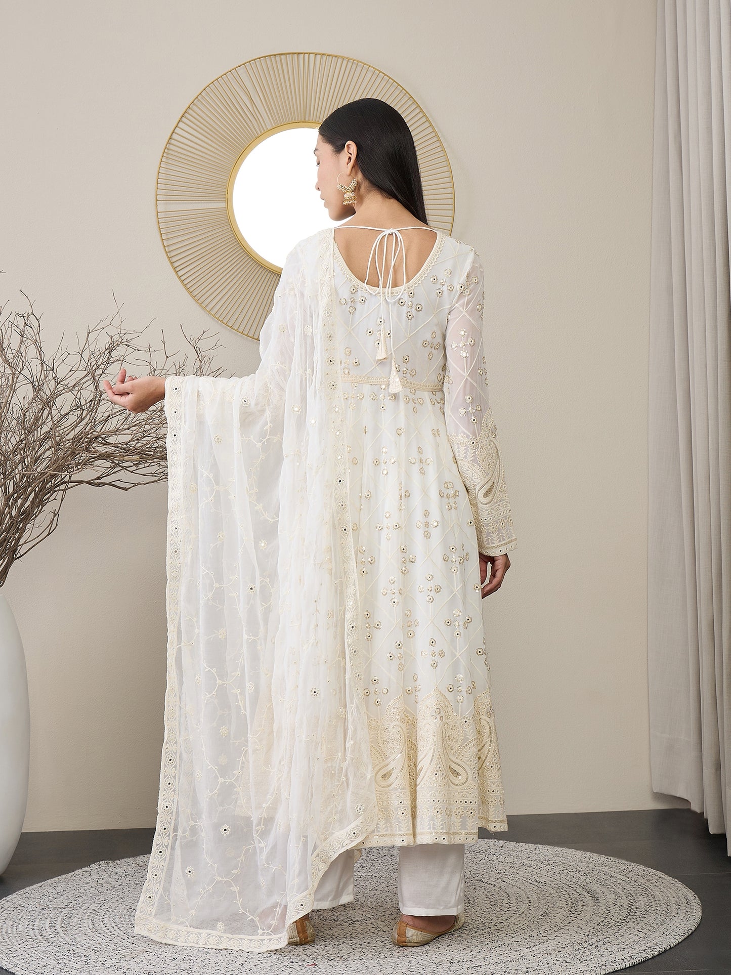 V-Neck Floral Embroidered Empire Mirror Work Anarkali Kurta with Trouser & Dupatta
