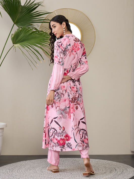 Floral Printed Mandarin Collar Puffed Sleeves Anarkali Kurta With Trousers
