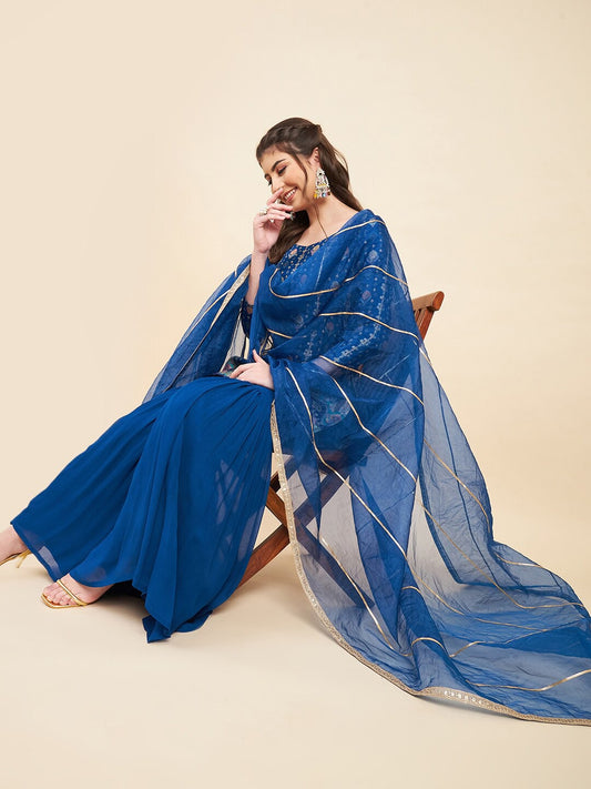 Ethnic Motifs Embroidered Straight Scoop Neck Kurti With Sharara & Dupatta