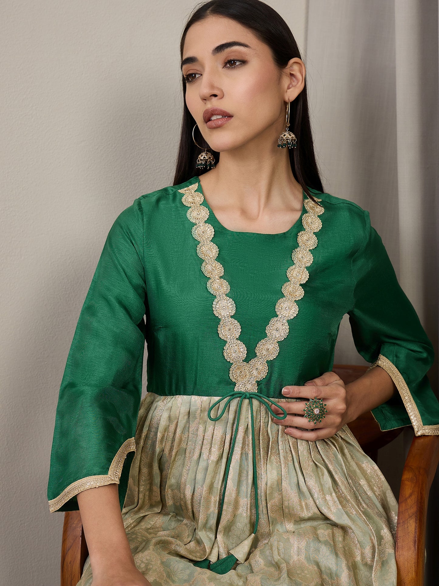 Ethnic Motifs Printed Square Neck Gotta Patti Tissue Anarkali Kurta With Palazzos