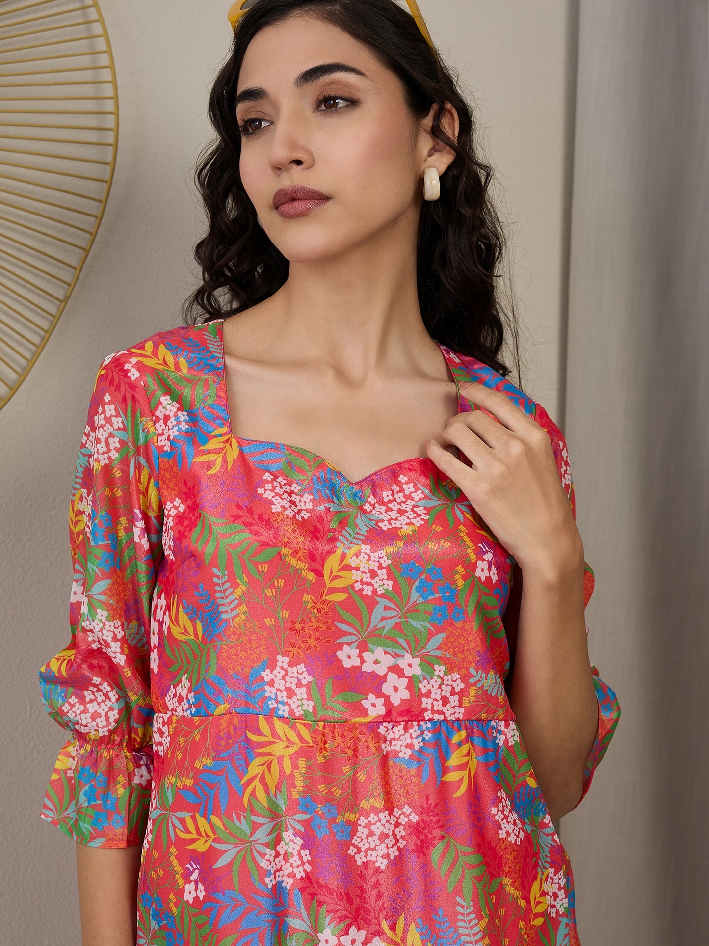 Floral Print Ruffled Crepe A-Line Dress