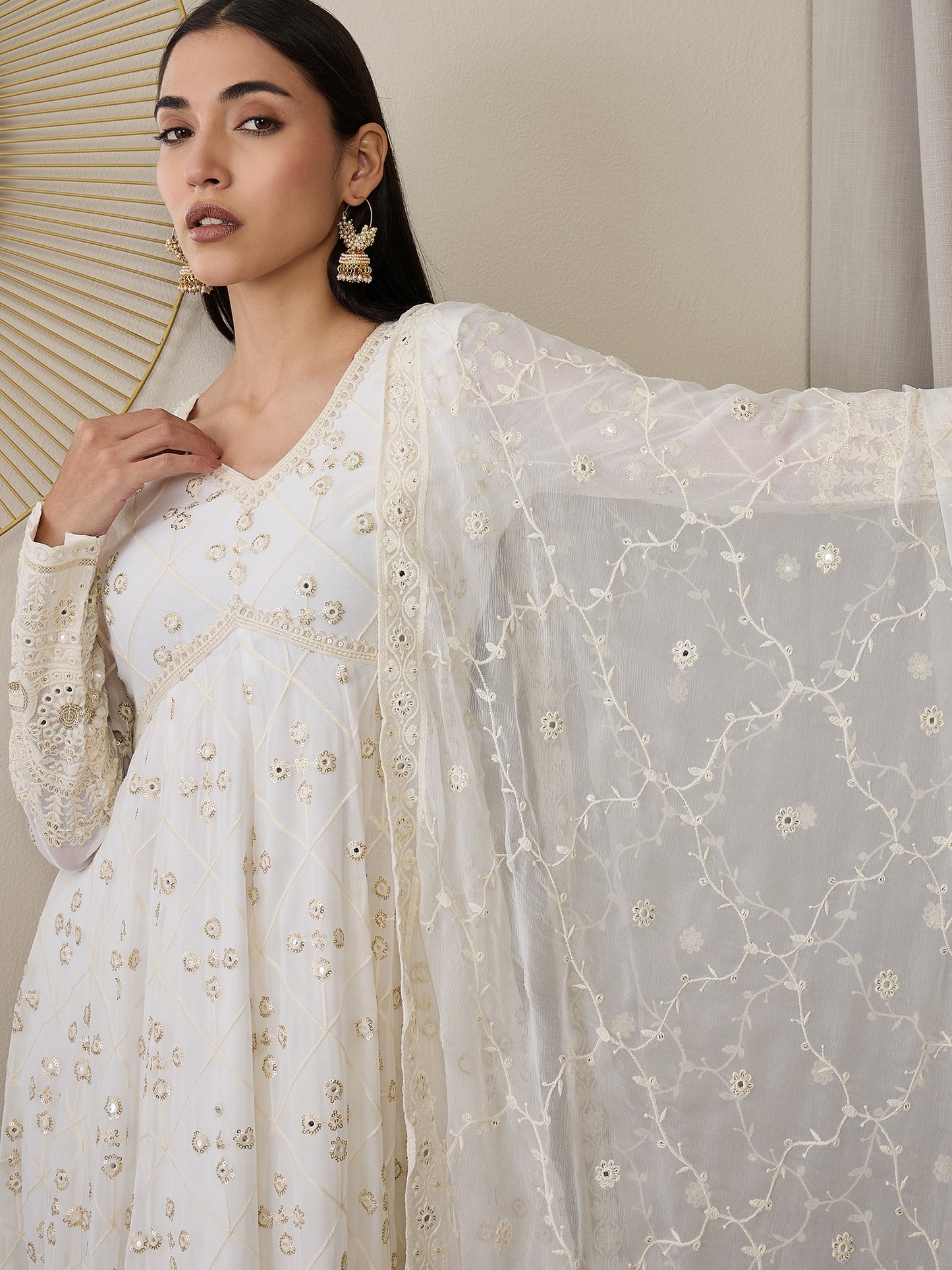 V-Neck Floral Embroidered Empire Mirror Work Anarkali Kurta with Trouser & Dupatta