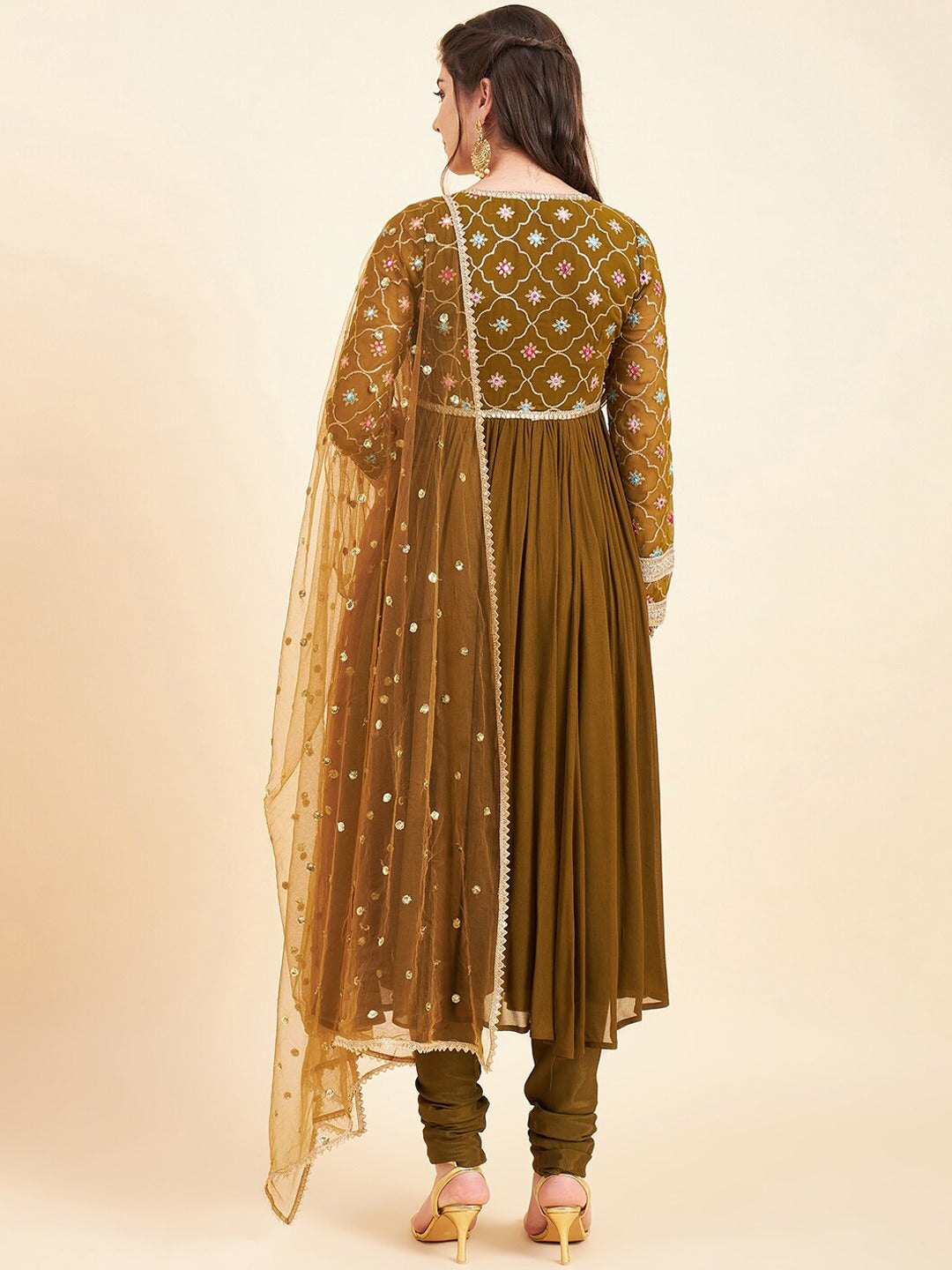 Floral Embroidered Empire Sequinned Kurta With Churidar & Dupatta