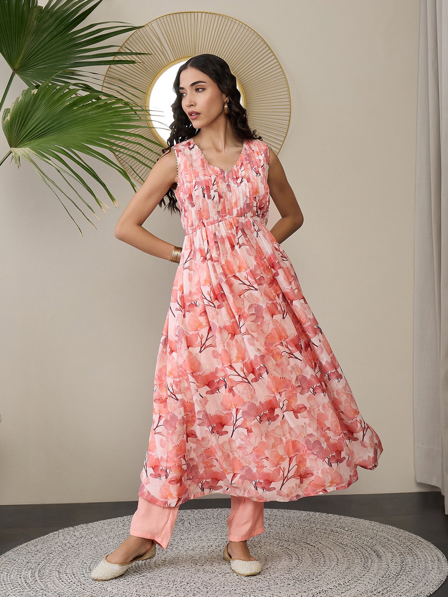 V-Neck Floral Printed Pleated Gotta Patti Anarkali Kurta with Trousers