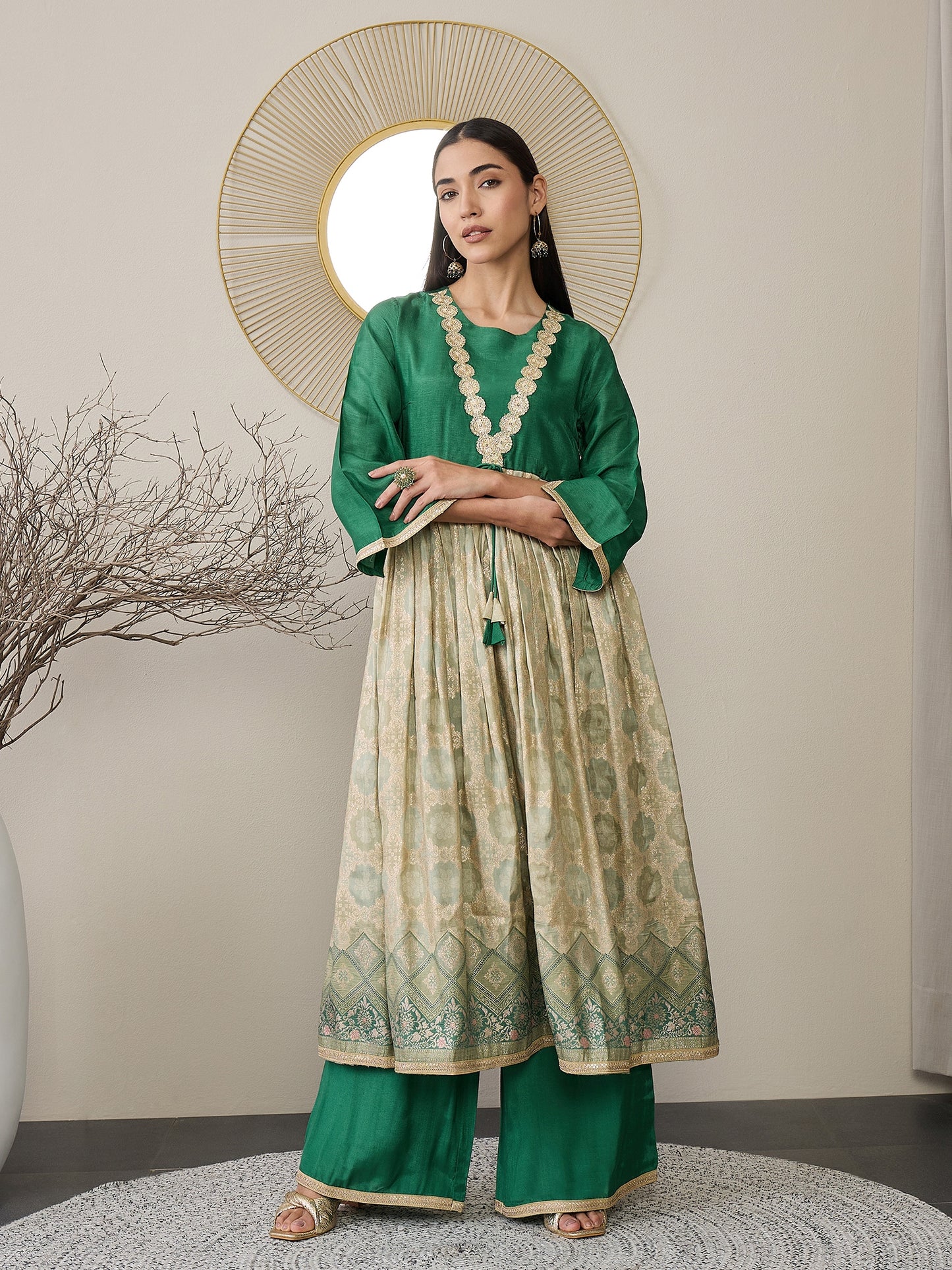 Ethnic Motifs Printed Square Neck Gotta Patti Tissue Anarkali Kurta With Palazzos