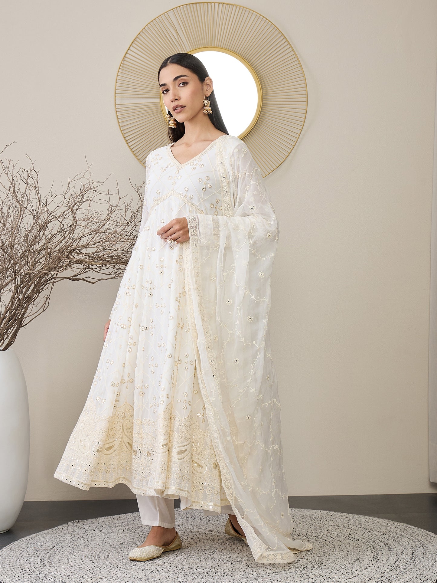 V-Neck Floral Embroidered Empire Mirror Work Anarkali Kurta with Trouser & Dupatta
