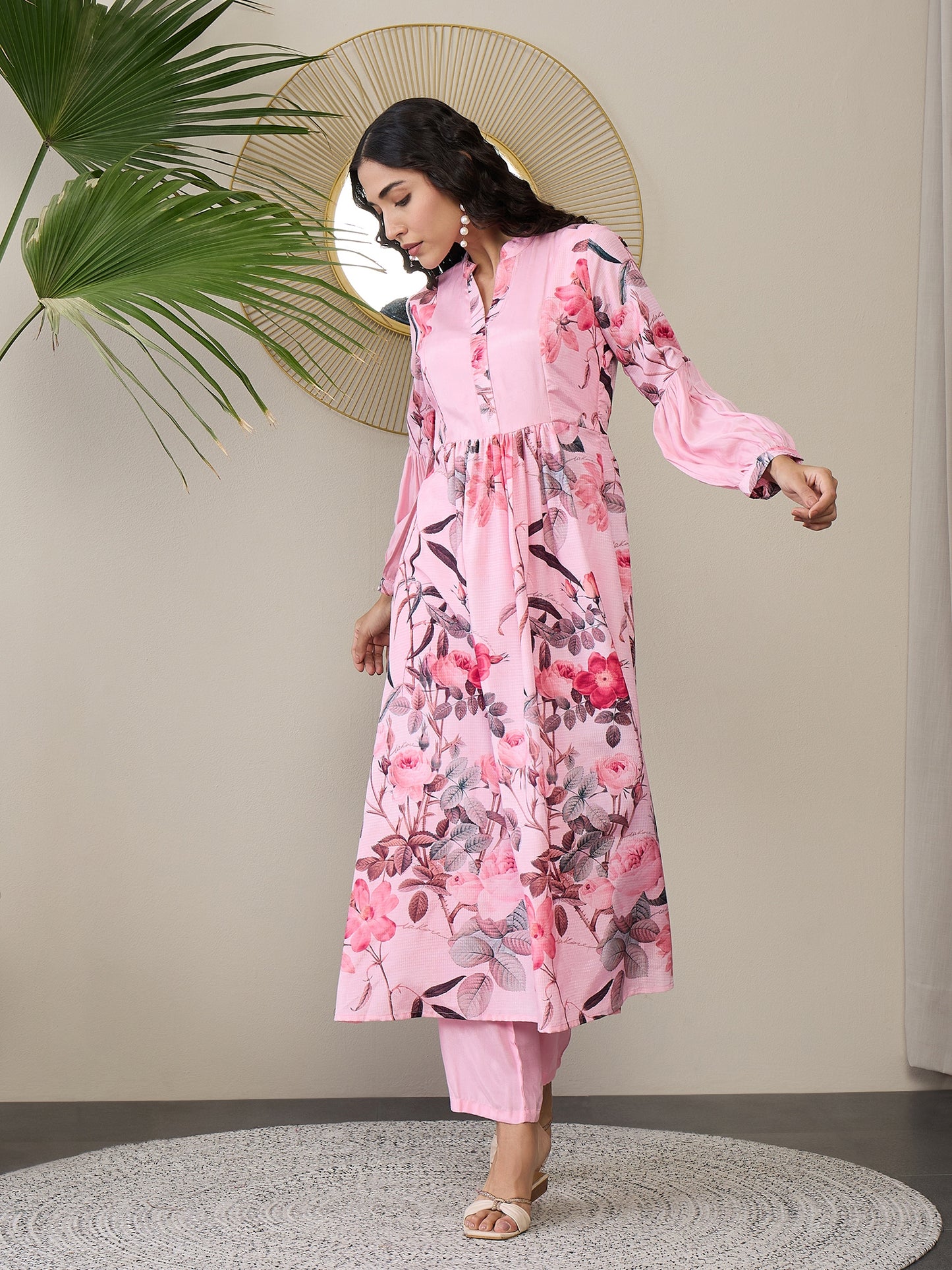Floral Printed Mandarin Collar Puffed Sleeves Anarkali Kurta With Trousers