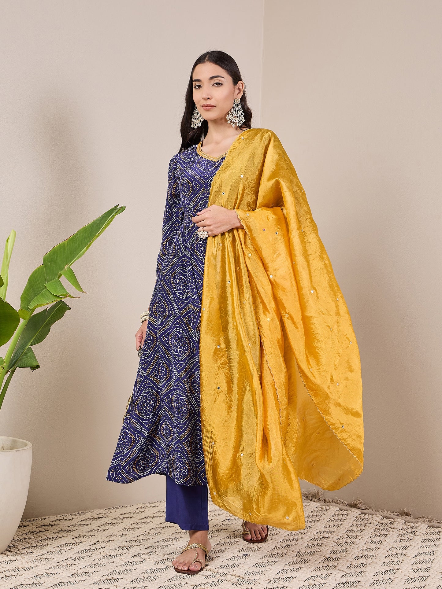 Bandhani Printed Regular Anarkali Kurta With Trousers & Dupatta