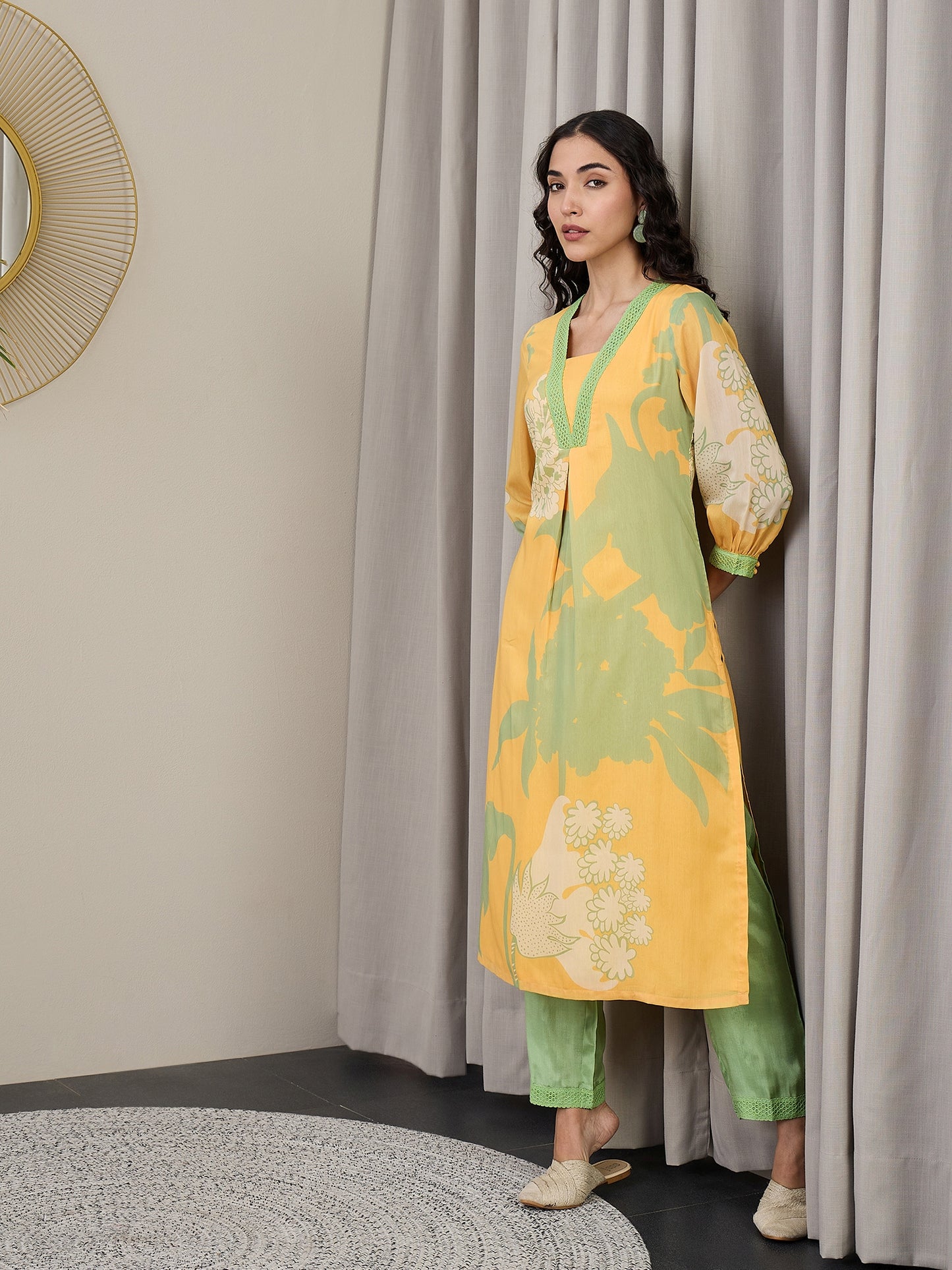 Square Neck Floral Printed Gotta Patti A-Line Kurta with Trousers