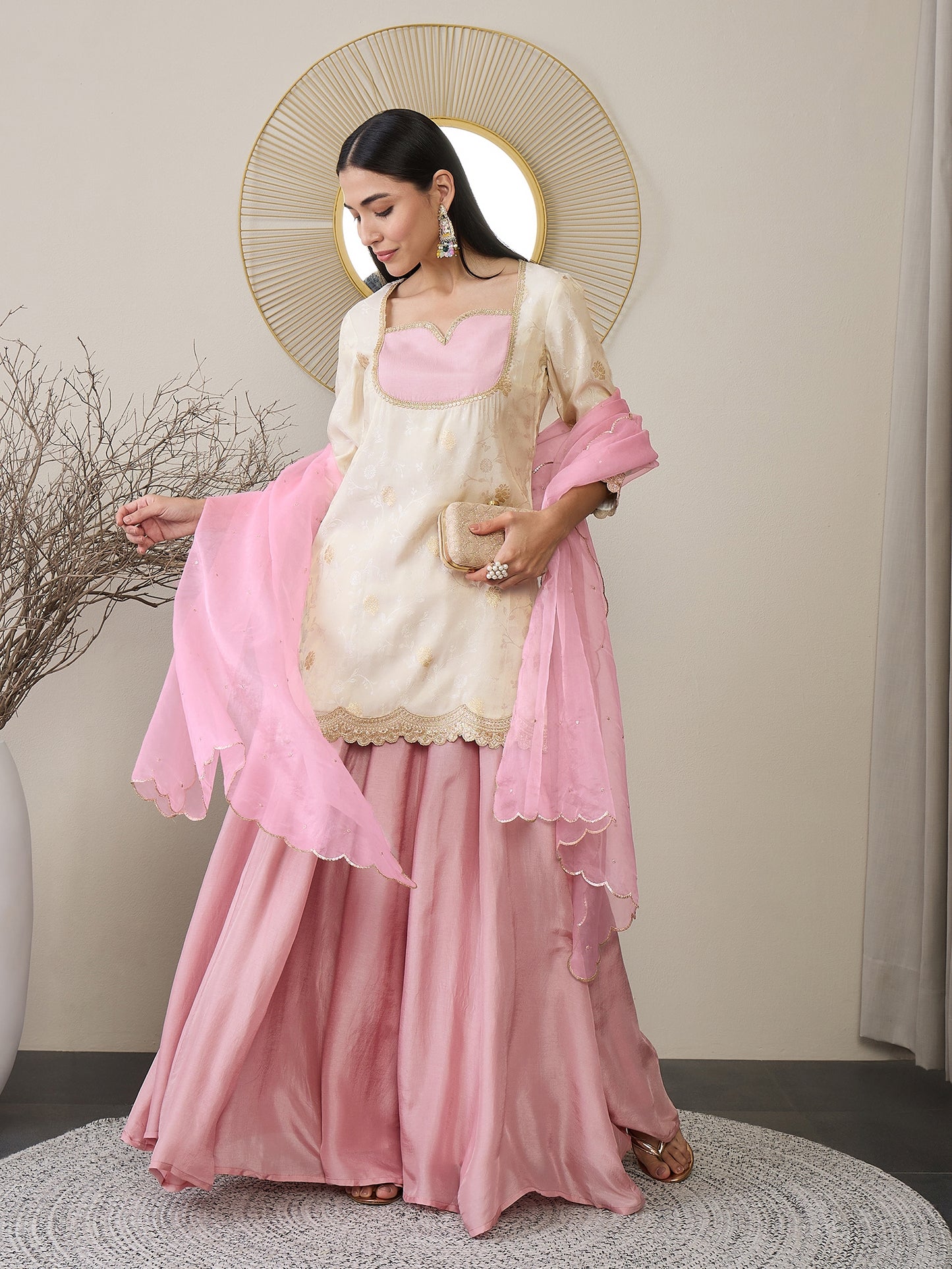 Ethnic Motifs Yoke Design Sweetheart Neck Brocade Kurti with Palazzos & Dupatta