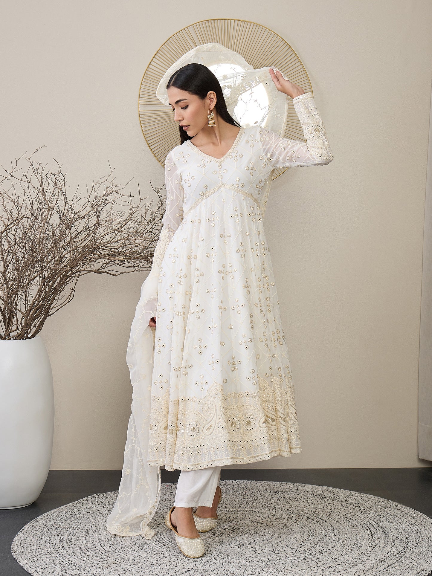 V-Neck Floral Embroidered Empire Mirror Work Anarkali Kurta with Trouser & Dupatta