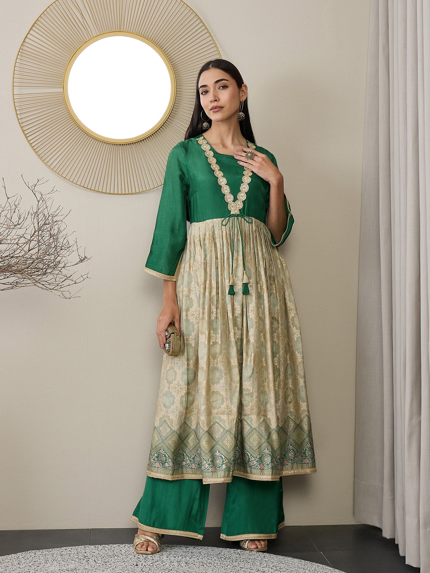 Ethnic Motifs Printed Square Neck Gotta Patti Tissue Anarkali Kurta With Palazzos