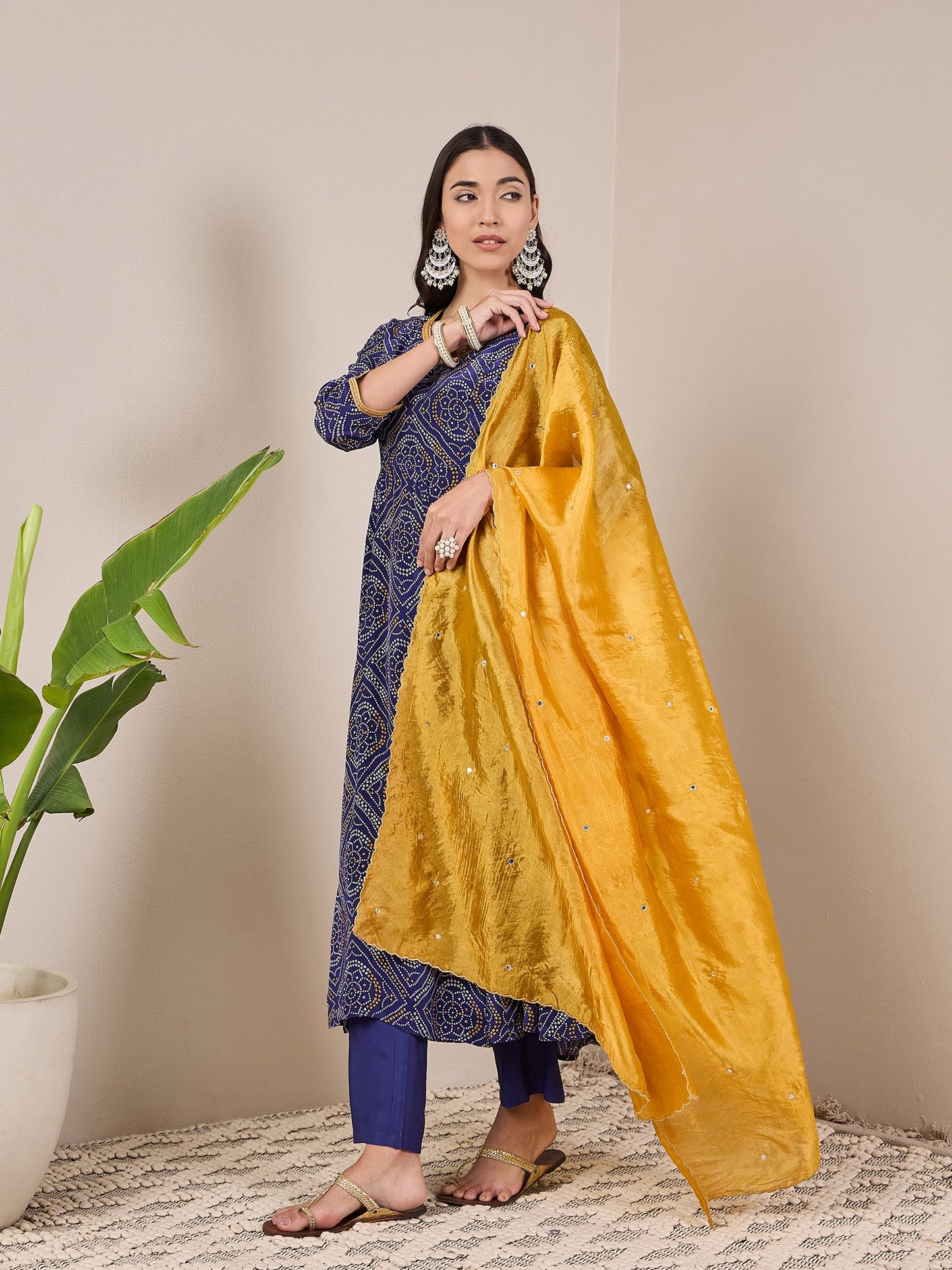 Bandhani Printed Regular Anarkali Kurta With Trousers & Dupatta